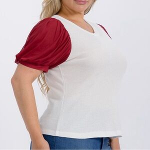 Plus Size White and Burgundy Women's Colorblock Top